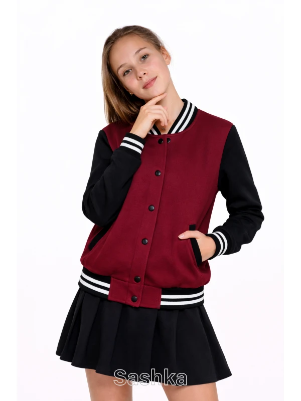 Бомбер для дівчинки Sashka чорно-бордовий утеплений, розмір 98-182